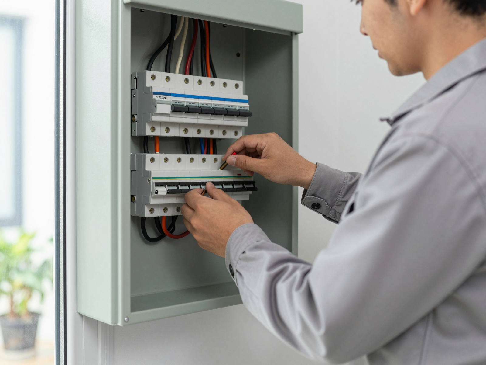 Electrician installing residential electrical panel